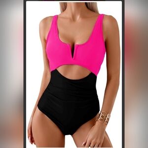 Pink and Black Bold Colorblock 1 Piece Cutout Swimsuit